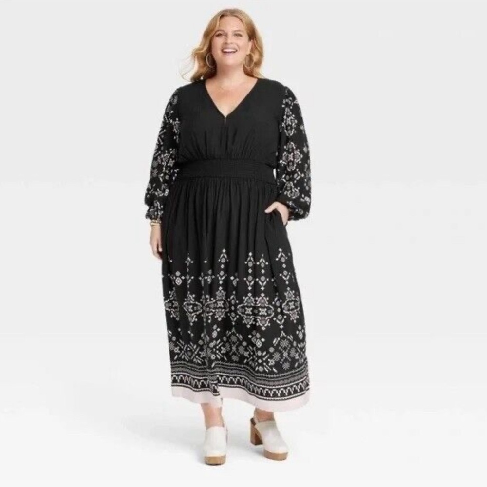 Knox Rose Black and White Long Sleeve Rayon Maxi Women’s Dress Plus Size…